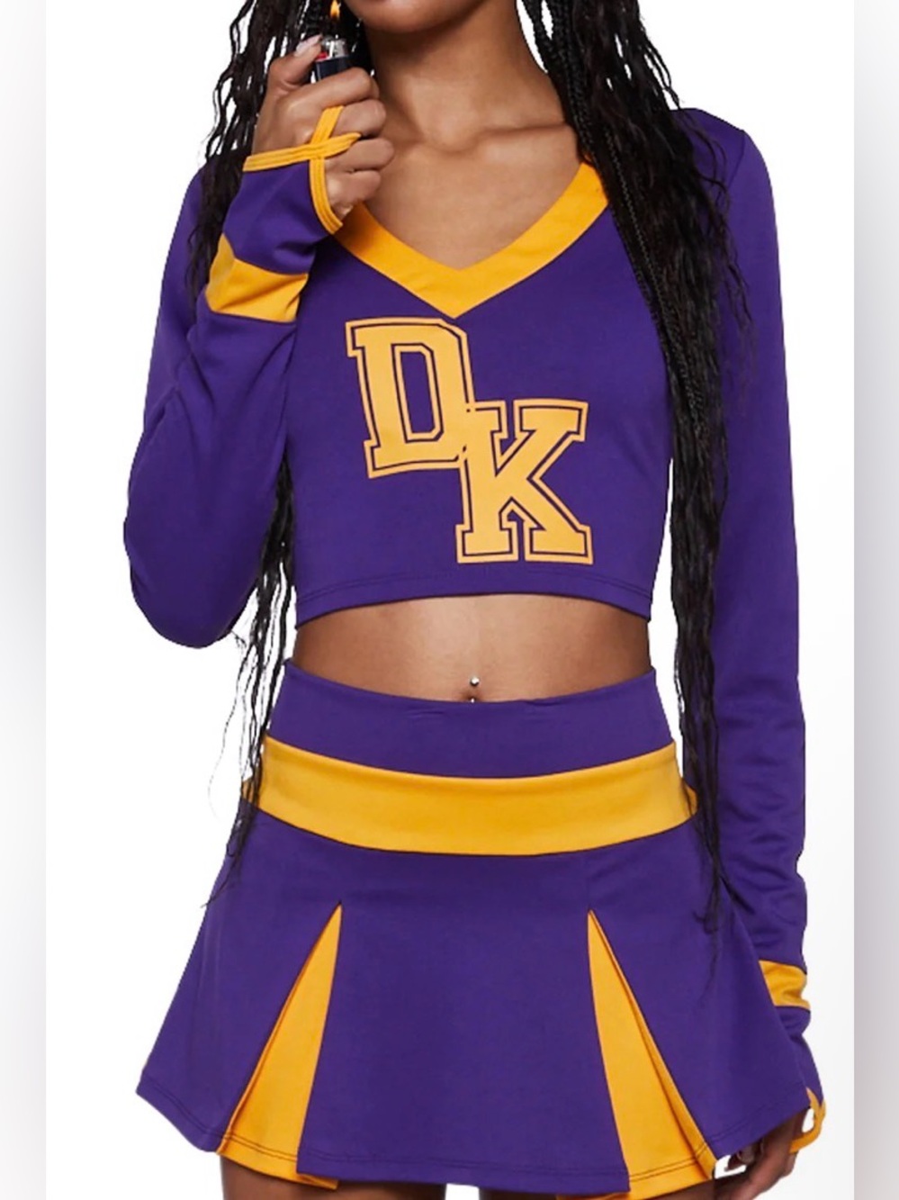 Dolls Kill Purple and Gold Cheerleader Crop Top & Pleated Skirt COSTUME XL